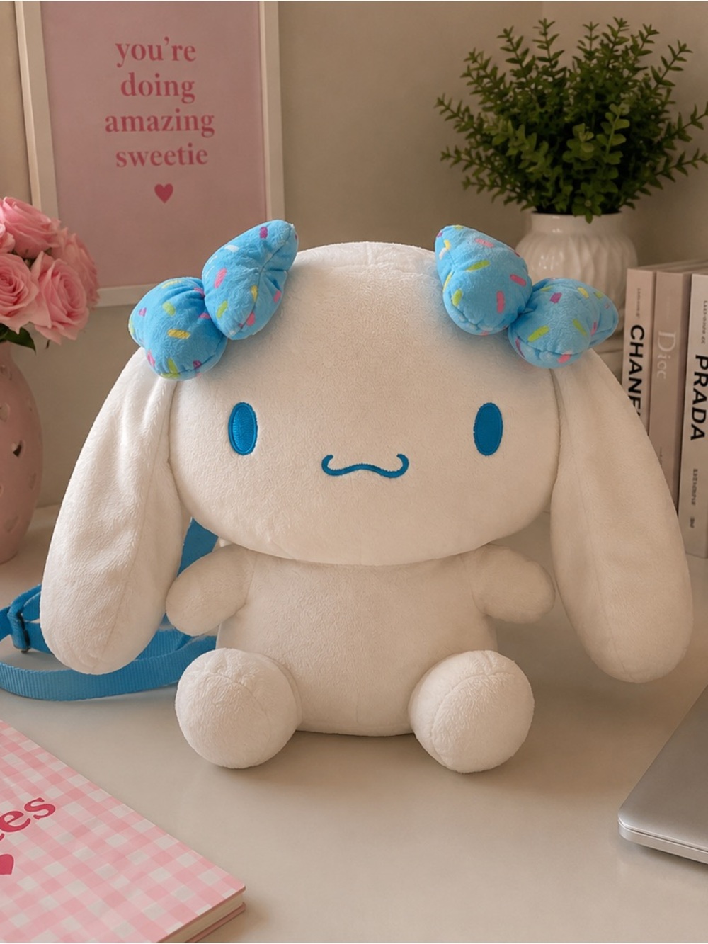 Sanrio Cinnamoroll plush backpack featuring cute blue bows on its ears
